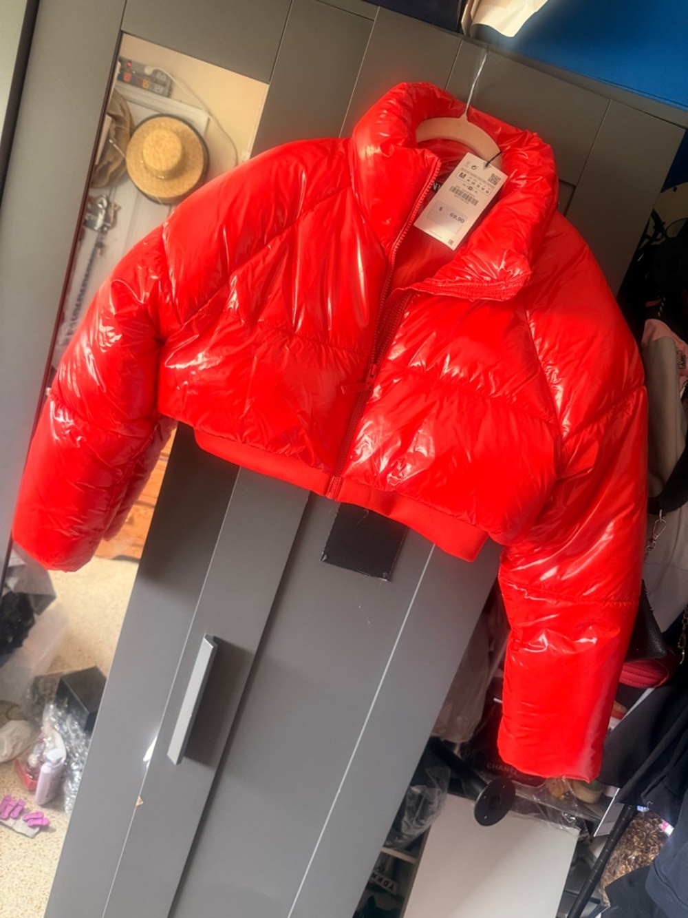 Shiny Cropped Red Puffer Jacket - Picture 2 of 7